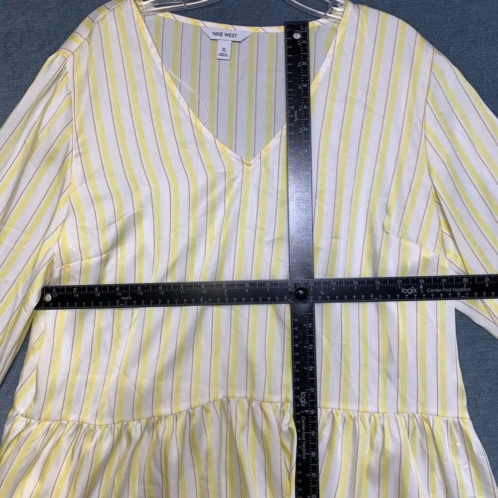 Nine West Shirred Tunic Top Womens XL Yellow White Striped V Neck Long Sleeve